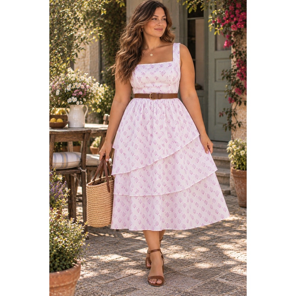 J. Crew Floral Tiered Midi Dress Sleeveless White Violet Storm 12